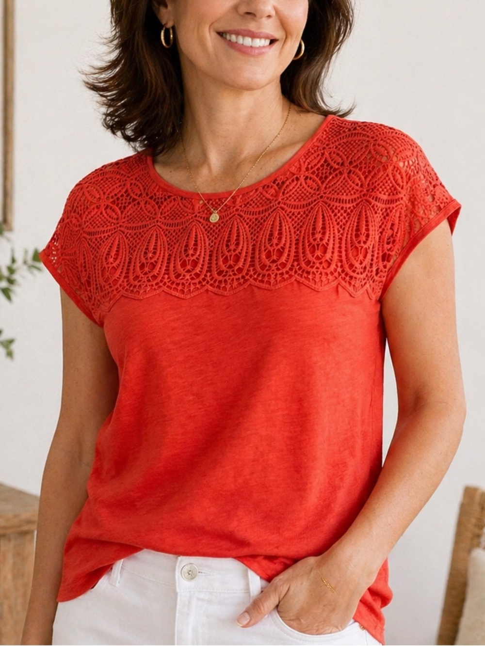 LOFT Vintage Soft Lace Yoke Tee Top Red Orange Cotton Size M